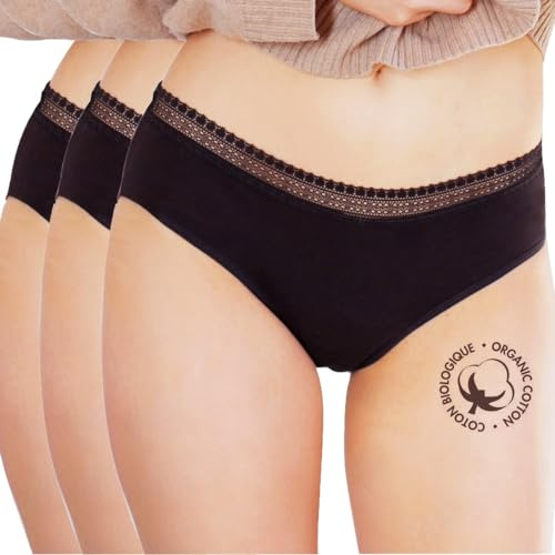 LIGNE V - ECO Pack Lot de 3 Shorty Menstruel en Coton Biologique - Culotte Menstruelle Flux Abondant - Culotte Absorbante Lavable & Réutilisable - Adolescente & Femme Grande Taille/Lot x3 Shorty L