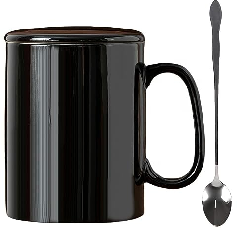 KOPYFANTAP Taza Grande 1000ML,Tazas de Café Cerámica Extra Grande con Tapa y Cuchara, Tazas Muy Grandes con Asa para Oficina y Hogar, Negro
