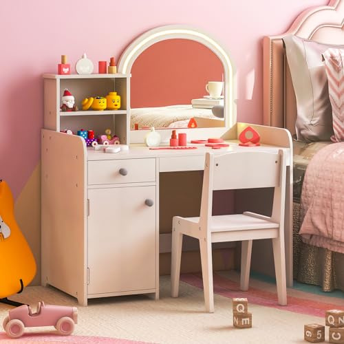 Costzon Kids Vanity with Lights, 2 in 1 Princess Makeup Desk & Chair Set with Lighted Mirror, Drawer, Storage Shelves & Cabinet, Toddler Dressing Table, Vanity Set for Little Girls, White
