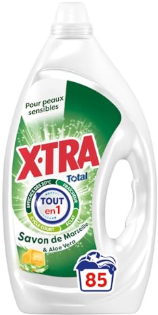 XTRA Total Marseille, Lessive Liquide Tout en 1, Savon de Marseille Aloe Vera, Pour les Peaux Sensibles, Cycle Court, Eclat, Fraicheur Intense et Efficace des 20 degres, 85 Lavages