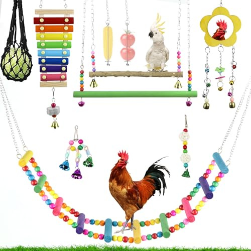 mumisuto 10 Pieces Chicken Toys for Coop Accessories, Chicken Swing Toys Chicken Coop Swing Flexible Ladder String Bag Vegetable Skewer String Feeder for Hens Parrot Bird