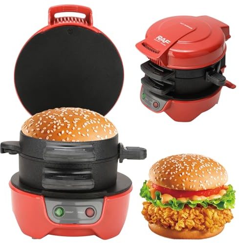 HENYEER Sandwich Toaster Burger Maker, avec anneaux à œufs et minuterie, plaques chauffantes antiadhésives efficaces avec revêtement en céramique antiadhésif, parfait pour les hamburgers (Rouge)