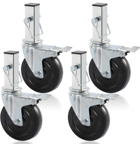 IGNPION 5 Inch Scaffold Tower Castors with Dual Locking Brakes, Set of 4 Locking Swivel Casters for Industrial Alloy Scaffolding Tower, 1-1/4 Square Stem Scaffolding Replacement Wheels