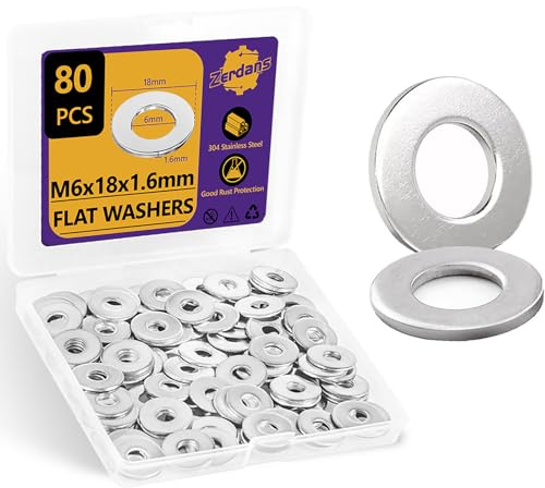 M6 Washers, M6 x 18mm Metal Flat Penny Washer Thickness 1.6mm- A2 304 Stainless Steel Washers (80 Pack), Large OD Plain Wide Metal Round Flat Spacer Repair Washer for Screws Bolts