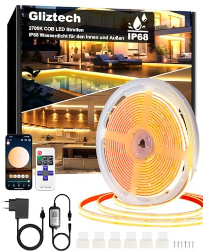 Ruban Led Cob Exterieur 7M IP68 Etanche, Bande LED Blanc Chaud Autocollante 2700K, Alimentation 24V Led Cob Application et Télécommande pour Avant Toit Jardin Piscine Terrasse Cuisine Salle de Bain