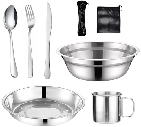 Stainless Steel Camping Plates and Bowls Set, Includes Plate Bowl Cup Knife Fork Spoon 8 in 1 Flatware Kit with Mesh Bag Dinnerware Utensils Set for Outdoor Camping Picnic and Hiking
