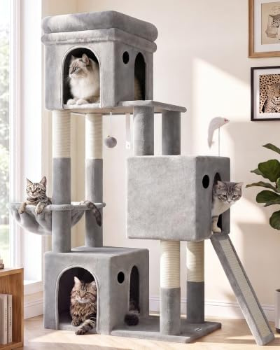Globlazer Albero Tiragraffi per 2-4 Gatti con 3 Grande Grotte 40 * 33 * 35cm, Piattaforma Imbottiti, Rampa Sisal, Cesto, Peluche Giocattoli, Stabile Albero per Gatti da Interno (F52B, Grigio Chiaro)