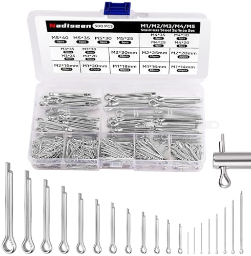 Nadisean 500 Pièces Assortiment de Goupilles, Acier Inoxydable Goupille Fendue avec Boîte D'assortiment, 20 Tailles de Goupilles de Sécurité M1 M2 M3 M4 M5, Goupille à Ressort pour Voitures Tracteurs