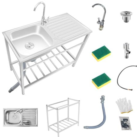 Lavabo Commercial De Cuisine 1 Bac Évier Sur Pieds En Acier Inox Robuste/Stable Évier Extérieur Jardin Autoportant Evier Buanderie Garage Utilitaire avec Robinet Facile à Assembler(75x40xH75cm)