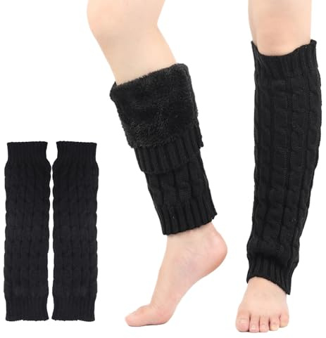 Fleece Lined Leg Warmers for Women Men,Knitted Warm Leg Protection Boot Cover for Women Girls,Ladies Fluffy Leg Socks for Winter and Autumn Fashion,Dance,Sports,Party and Yoga (Black, One Size)