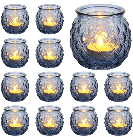 PORFOYO Portavelas de cristal, 12 unidades, portavelas de cristal, vasos de té vintage, portavelas votivas para bodas, fiestas de cumpleaños, decoración de mesa (azul)