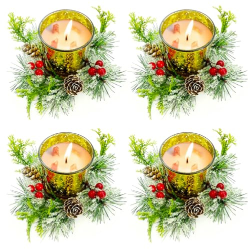 Yuragim Portacandele di Natale in Vetro, Porta Candele Natalizio Tealight con Anello Corona di Candele Set di 4 Portacandele per La Decorazione della Tavola e La Casa di Addobbi Natale e Autunno