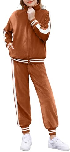 Zaclotre Girls 2 Piece Outfits Velvet Tracksuit Zipper Up Sweatshirt and Sweatpants Set Kid Fall Sweatsuit Caramel 13-14Y