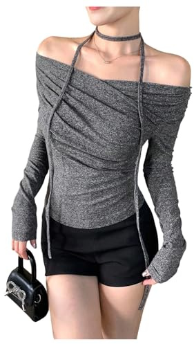 JCNAGXY Top con Spalle Scoperte da Donna, Magliette Slim Fit a Maniche Lunghe con Volant Avvolgente per Uscire