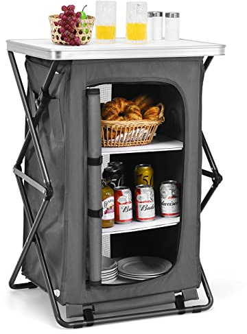 Giantex Folding Camping Storage Cabinet with 3 Shelves and Carry Bag, Portable Outdoor Organizer Kitchen Table, Quick Set-up for BBQ, Picnic, Backyard, Compact Pop-Up Cupboard, 35''H