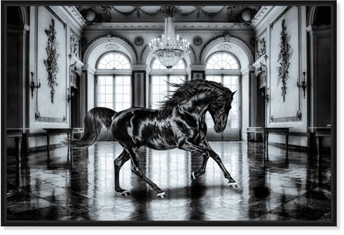 The Oliver Gal Artist Co. Country Glam Canvas, 36 x 24, Black Frame, Elegant Black Ballroom Horse