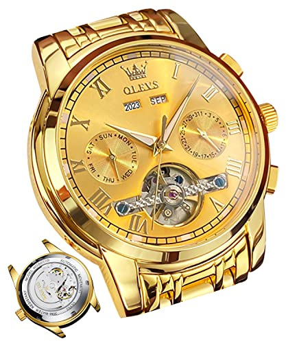 OLEVS Herrenuhren Automatik Gold Mechanische Armbanduhr mit Tourbillon Kalender Wasserdicht Leuchtende Zweifarbige Uhren Männer
