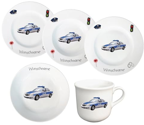 Kindergeschirr personalisiert - Kinderservice 5-tlg. Kinder Service Set aus Porzellan Teller Becher Schale personalisierbar mit Wunschname Name Kindergeschirr mit Namen personalisiert (Polizei)