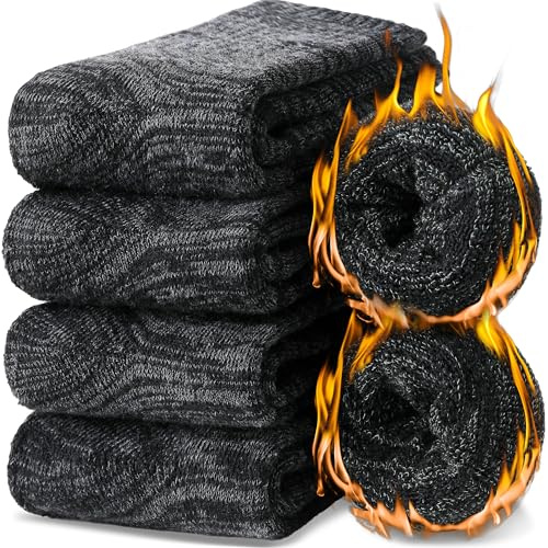 EBMORE Calcetines Termales de Lana Merino para Mujeres y Hombres Gruesos Invierno Trekking Acogedores Crew Cómodos Regalos Calcetines 4 Pairs Stuffer(Serie Negro, L)