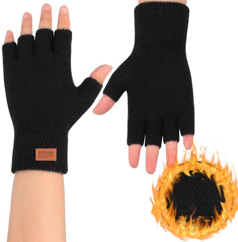 Lancry Coppia di guanti senza dita per adulti, invernali, lavorati a maglia, per touchscreen, caldi, elastici, mezze dita, per donne e uomini, per lavorare e andare in bicicletta, Nero , Etichettalia