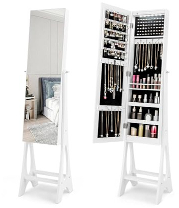 COSTWAY Specchio Portagioie, Armadio Regolabile per Gioie con Specchio Senza Cornice e 12 Luci a LED per Camera da Letto, Specchiera Portagioe per Trucco da Terra, 36x33,5x154,5 cm (Bianco)