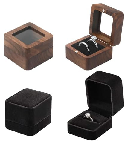 Guyode 2 Piezas Anillo Compromiso, Ranuras Duales Caja de Anillos de Madera + Caja de Gamuza para Anillos, Cuadrada Estuche Alianzas Retro Porta Alianzas, Para Propuesta, Compromiso (B)