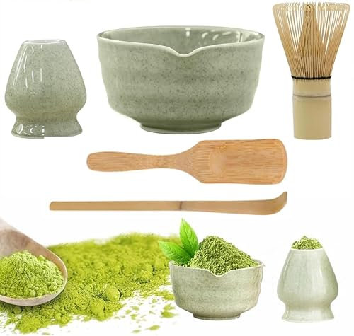 LUIIKEN Matcha-Set, Matcha-Rührer-Set, Matcha-Schüssel mit Ausgießer, Matcha-Rührer und Ständer, Matcha-Löffel, Teelöffel, Matcha Besen 5er-Set Japanisches ZubehöR FüR Die Matcha-Zeremonie