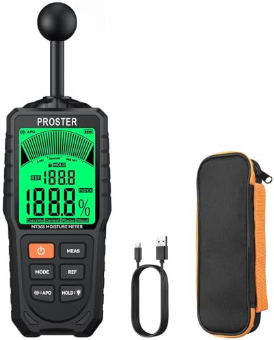 Proster Medidor de Humedad Sin Pines Profesional Recargable USB C-Detector de Humedad con Pantalla LCD, 5 Modos de Medición, Alarma Sonora, Profundidad 40mm-para Constructoras, Reformas y Bricolaje