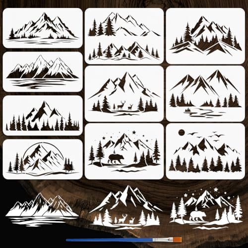 FINGERINSPIRE 10Pcs Pochoir de Peinture de Montagnes Avec Pinceau Forêts Cerf Ours Motif Dessin Modèle Moonnight Star Sunset Pochoir pour Peinture sur Bois Mur Tissu Meubles