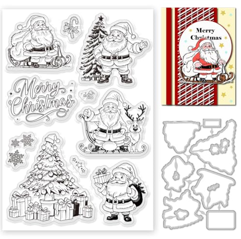INFUNLY Santa Claus Clear Stamps and Dies for Card Making Christmas Tree Stamp and Cutting Dies Reindeer Silicone Stamp Christmas Gifts Texts Embossing Template for DIY Scrapbooking Album Craft Decor