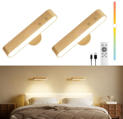 FULNIX 7500mAh Akku Wiederaufladbare Wandleuchten für Schlafzimmer, Kabellose Wandleuchten mit Fernbedienung und Touch, 360° Magnetische Drehung, 3 Farben Dimmbare Holz-Wandlampen mit 15 RGB-Farben