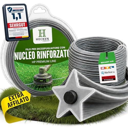 Heckenpracht® Filo decespugliatore con nucleo rinforzato 2mm ⌀ x 50m | profilo a stella extra affilato | filo per decespugliatore | filo tagliabordi