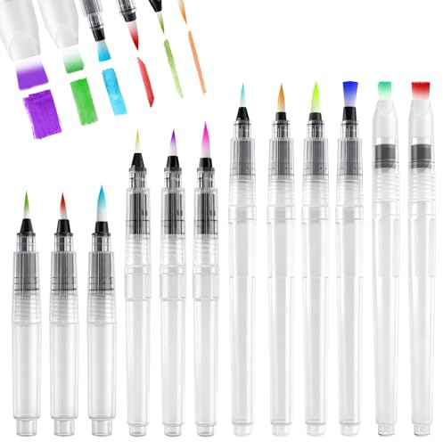 12 Pezzi Pennelli Acquerello con Serbatoio, Pennarelli Ad Acqua Punta Fine/Media/Grande, Water Brushen, Colorare, Dipingere, Pennarelli Acquerellabili per Bambini Adulti Pittura e Acquerelli