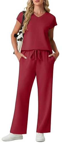 GRECERELLE Tuta da donna, set completo estivo a maniche corte, abbigliamento da salotto per donna, abiti a due pezzi, casual, girocollo, top da donna e pantaloni sportivi da palestra con tasche, Rosso