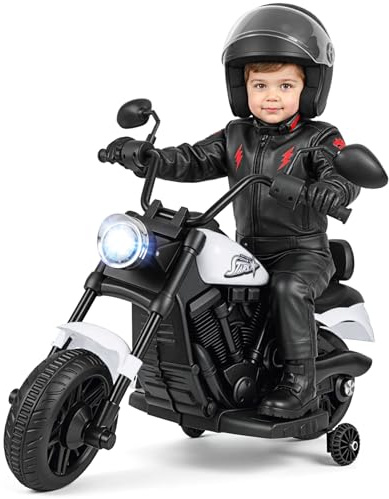 COSTWAY 6V Moto Électrique Enfant avec Musique et Phares LED, Voiture Électrique Enfant avec 2 Roues d'Entraînement Amovibles et Pédale, 2,4 km/h, Charge 30 kg pour 3 Ans+ (Blanc)