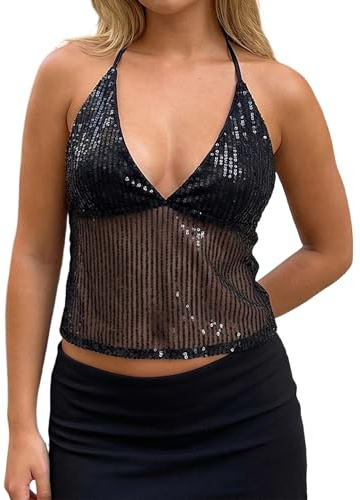 Women's Sequin Halter Tank Tops Sexy Deep V Neck Backless Sheer Cami Sparkly Going Out Vest Clubwear