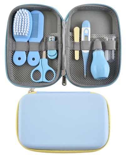 Kit de Aseo para Bebés, Set de Cuidado Infantil Portátil de Seguridad Cortauñas con Cepillo para el Cabello Cortaúñas Limpiador de Nariz Cepillo de Dientes para Dedos Tijeras para (Azul)