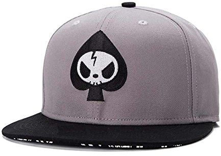 Quanhaigou Men's Spade Embroidery Snapback, Grey Skeletion Skull Baseball Hat Flat Bill Brim Poker Dad Caps,Hip Hop Boy's Cap