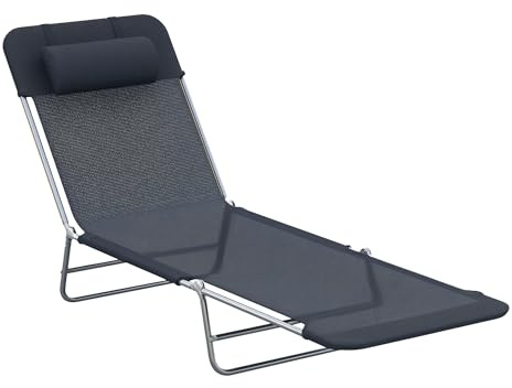 Outsunny Folding Chaise Lounge Pool Chairs, Outdoor Sun Tanning Chairs with Pillow, Reclining Back, Steel Frame & Breathable Mesh for Beach, Yard, Patio, Black
