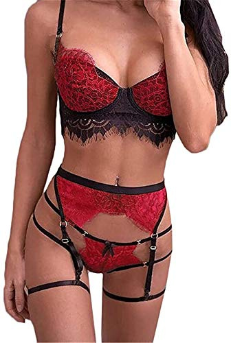 Sexoo Donna Babydoll Lingerie Set Sexy Hot Completi Intimi Camicie da Notte Biancheria di Pizzo Aperto Bodysuit con Reggicalze 3 Pezzi