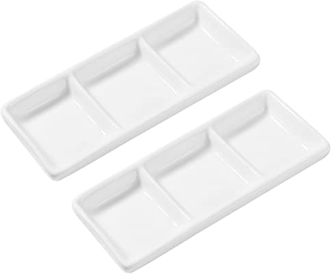 HEMOTON 2pcs White Ceramic Serving Platter 3 Compartment Appetizer Tray Rectangular Divided Sauce Dishes for Restaurant Kitchen Spices Vinegar Nuts (5.8 x 2.4 Inches/White)