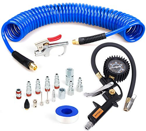 FYPower 18 Pieces Air Compressor Accessories kit, 1/4 inch x 25 ft Recoil Poly Air Compressor Hose Kit, 1/4 NPT Quick Connect Air Fittings, 100 PSI Tire Inflator Gauge, Heavy Duty Blow Gun