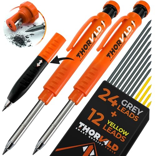 THORVALD 2 Carpenter Pencils Set for Construction - Incl. 38 Leads + Sharpener + Finger Grip - Solid Mechanical Pencils with Fine Point/Best Marking tools Construction/Carpenters/Scriber
