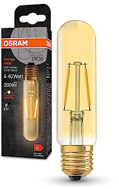 OSRAM Lampada LED Vintage 1906 Classic Tubular FIL, E27, tubolare, oro, 2.5W, 200lm, 2000K, luce bianca molto calda, filamento magnetico, basso consumo energetico, lunga durata