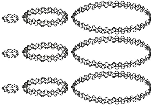 9 Stück Choker Kette Set, Halsband Halsketten Kropfband Elastische Halskette Stretch Tattoo Choker Kette Armband Ring Vintage Henna Tattoo Halskette Halsband für Mädchen Frauen (9 Stück schwarz)