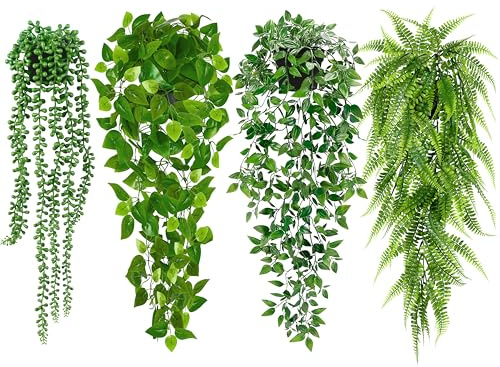 Palonu Artificial Hanging Plants for Shelf, 4 Pack Fake Potted Greenery Plant Faux Mandala Vine, String of Pearls, Ivy Vine,Persian Grass Fern in Pot for Desk Home Bathroom Farmhouse Room Table Decor
