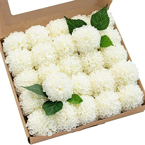 FLCSIed Artificiella Dahliablommor 25 st äkta utseende skum falska rosor med stjälkar för gör-det-själv bröllopsbuketter vita brudshower bordsuppsatser blomsterarrangemang festbord heminredning ..