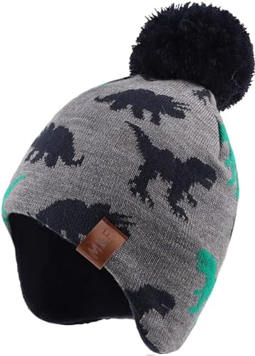 Malaxlx Bonnet Pompon Gris Dinosaure pour Enfant - Bonnet d'hiver Chaud avec Oreilles en Fleece pour Enfants de 4 à 8 Ans Filles et Garçons