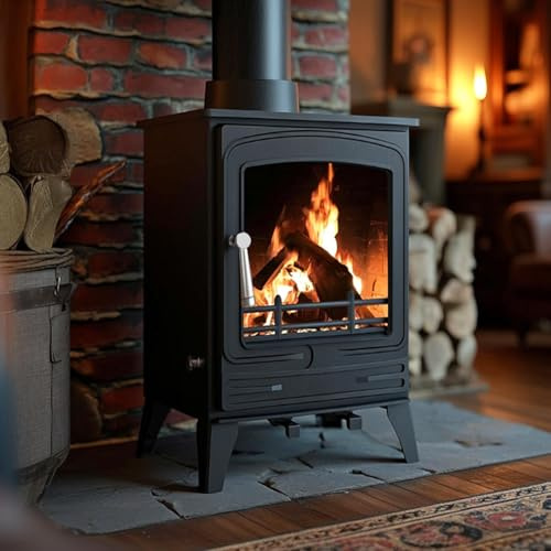 RoyalFire 5kW Steel Eco Friendly DEFRA Approved Multifuel Stove - Modern High Heat Output Wood & Charcoal Burning Freestanding Fireplace, Energy Efficient Home Heater, Black Steel Construction