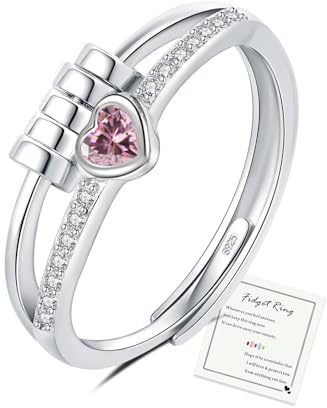 Pink Fidget Ring Sterling Silver Anxiety Rings for Women, Anxiety Relief Adjustable Silver Fidget Rings for Anxiety Women Gifts for Womens Daughter Her Friendship Gifts Birthstone Jewellery
